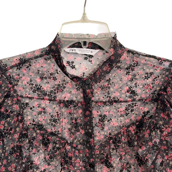 ZARA Black Floral Sheer Ruffle Trim  Blouse Size Small – Romantic Feminine - Picture 2 of 9
